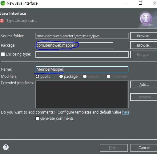 java경로에 생성, 인터페이스는 꼭 mapper.xml 폴더 구조와 똑같은 경로로 패키지 경로를 잡아야 한다!