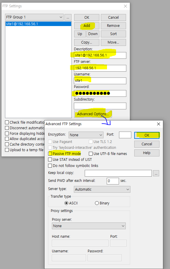 2. 이미지와 같이 설정을 해준다. 반드시 Passive FTP mode를 꺼주어야 한다.